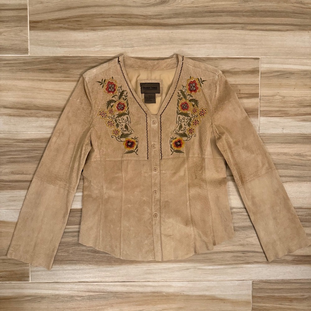 Brandon Thomas Tan Suede Leather Embroidered Floral Western Jacket 27312NC M